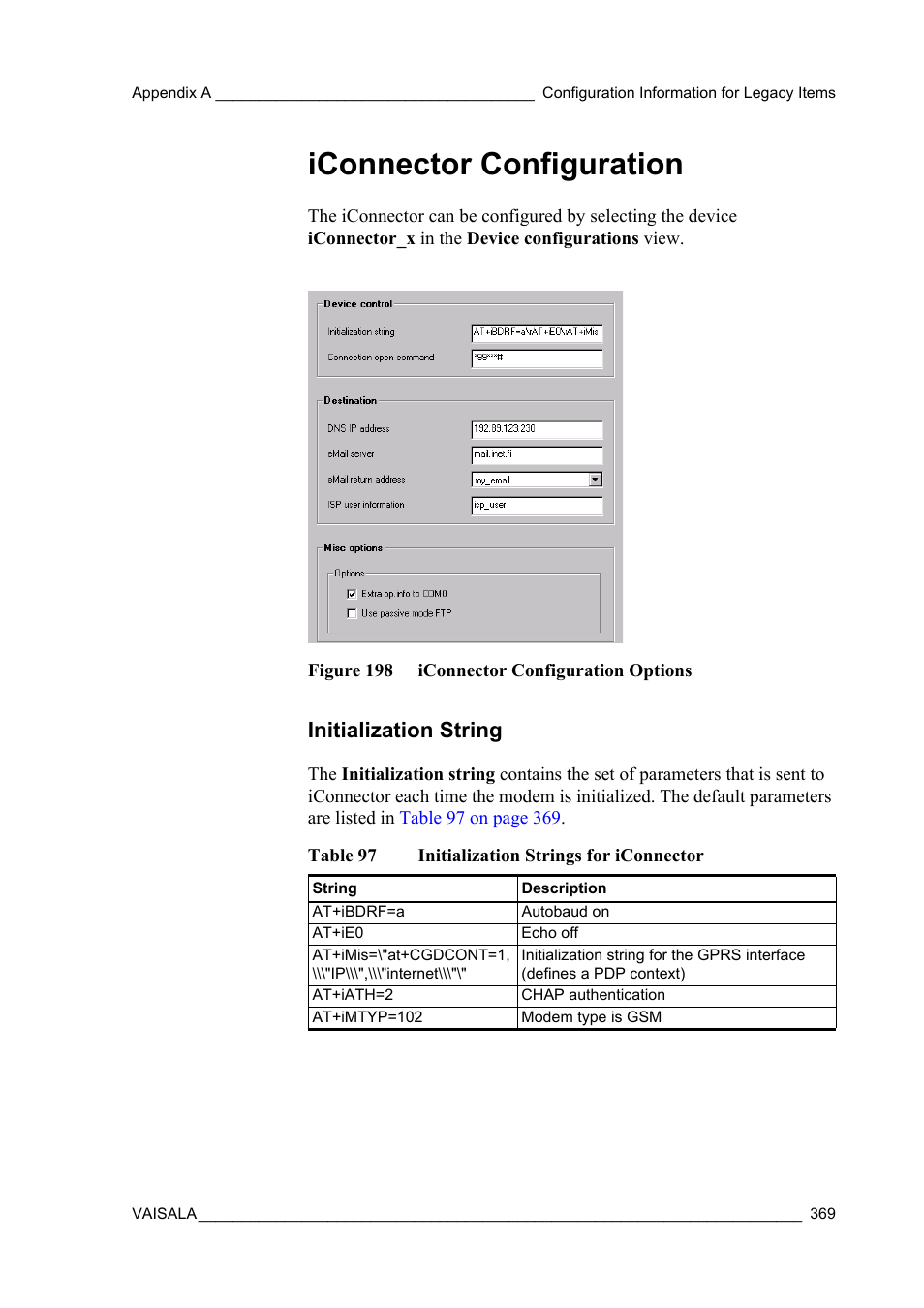 Iconnector configuration, Initialization string, Figure 198 iconnector configuration options | Table 97, Initialization strings for iconnector | Vaisala Hydromet Data Collection Platform User Manual | Page 371 / 384