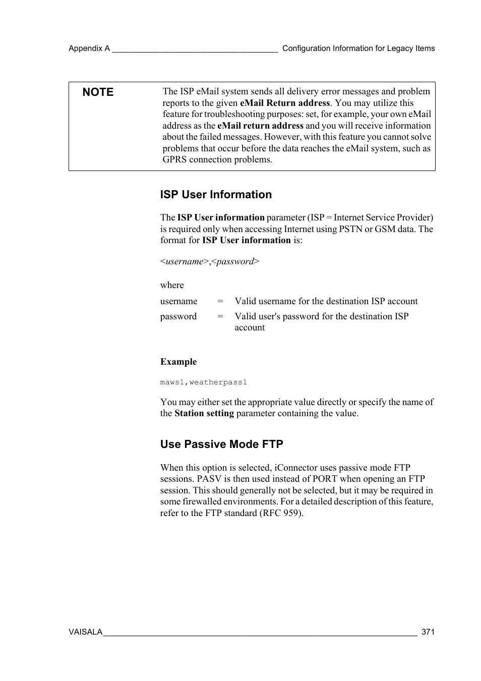 Isp user information, Use passive mode ftp, Isp user information use passive mode ftp | Vaisala Hydromet Data Collection Platform User Manual | Page 373 / 384