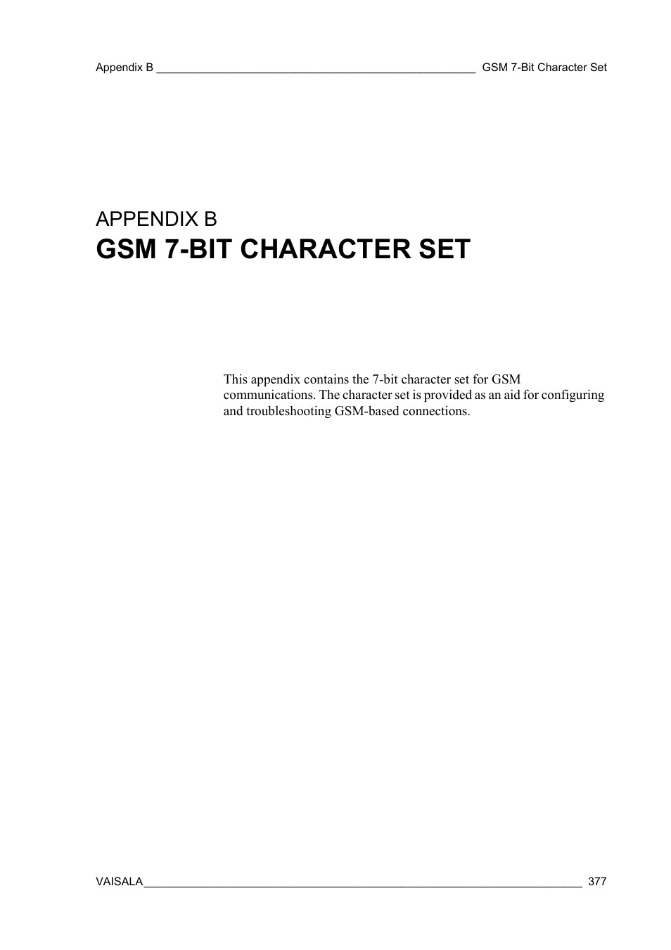 Appendix b gsm 7-bit character set, Appendix b, Gsm 7-bit character set | Vaisala Hydromet Data Collection Platform User Manual | Page 379 / 384
