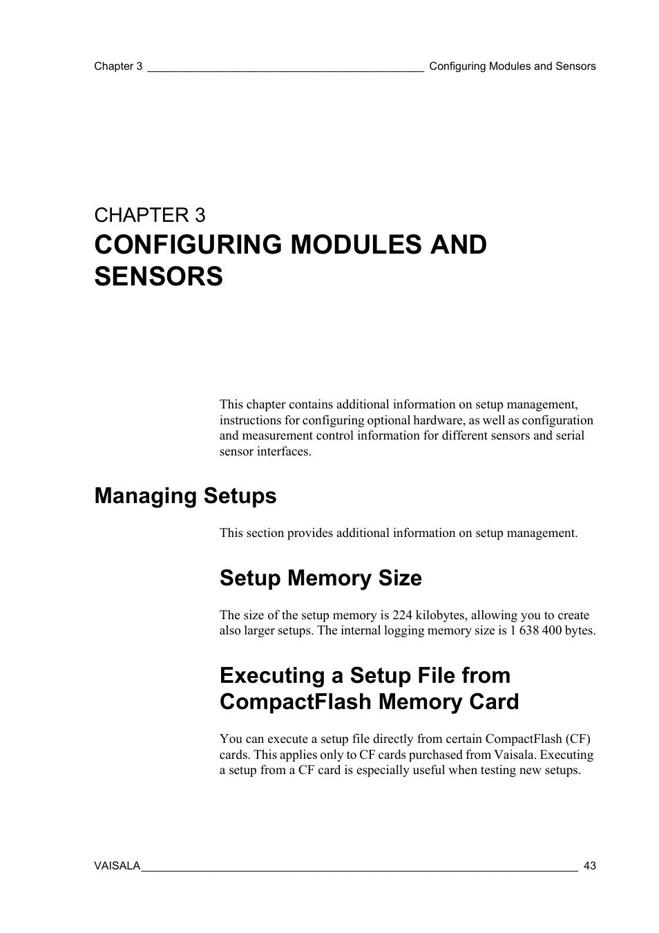 Chapter 3 configuring modules and sensors, Managing setups, Setup memory size | Chapter 3, Configuring modules and sensors | Vaisala Hydromet Data Collection Platform User Manual | Page 45 / 384