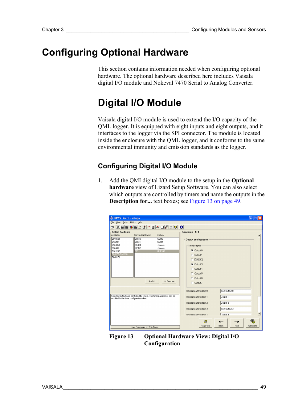 Configuring optional hardware, Digital i/o module, Configuring digital i/o module | Figure 13, Optional hardware view: digital i/o configuration | Vaisala Hydromet Data Collection Platform User Manual | Page 51 / 384