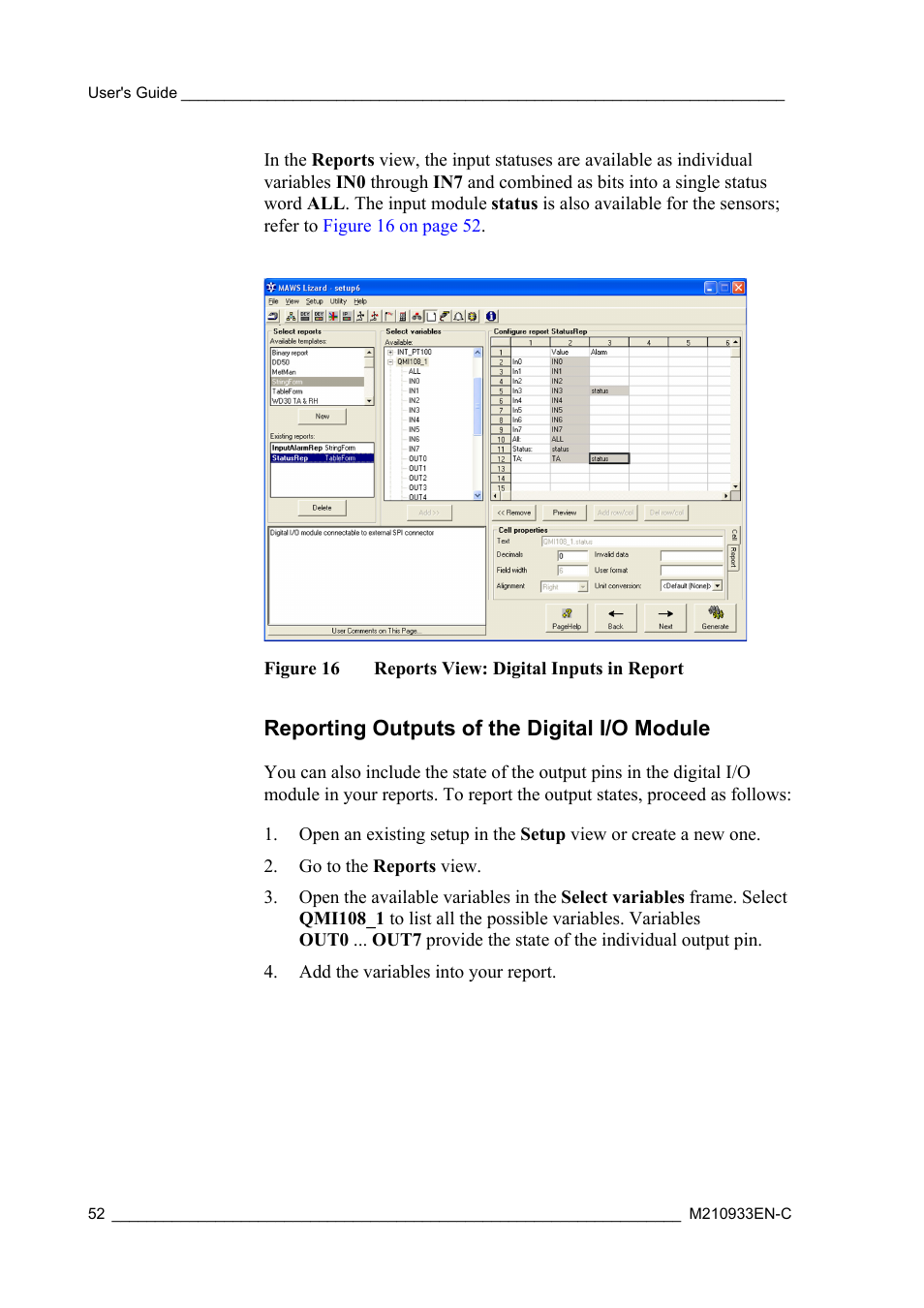 Reporting outputs of the digital i/o module, Figure 16, Reports view: digital inputs in report | Vaisala Hydromet Data Collection Platform User Manual | Page 54 / 384