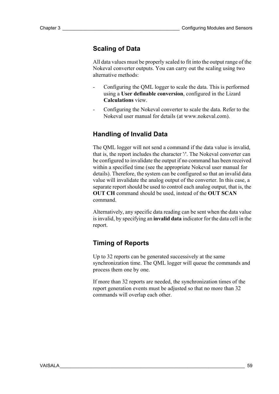 Scaling of data, Handling of invalid data, Timing of reports | Section | Vaisala Hydromet Data Collection Platform User Manual | Page 61 / 384