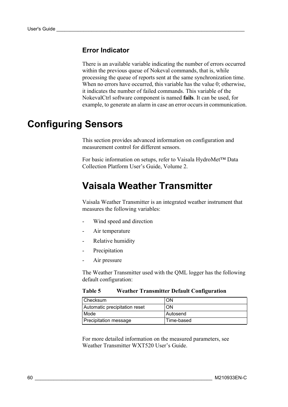 Error indicator, Configuring sensors, Vaisala weather transmitter | Table 5, Weather transmitter default configuration | Vaisala Hydromet Data Collection Platform User Manual | Page 62 / 384