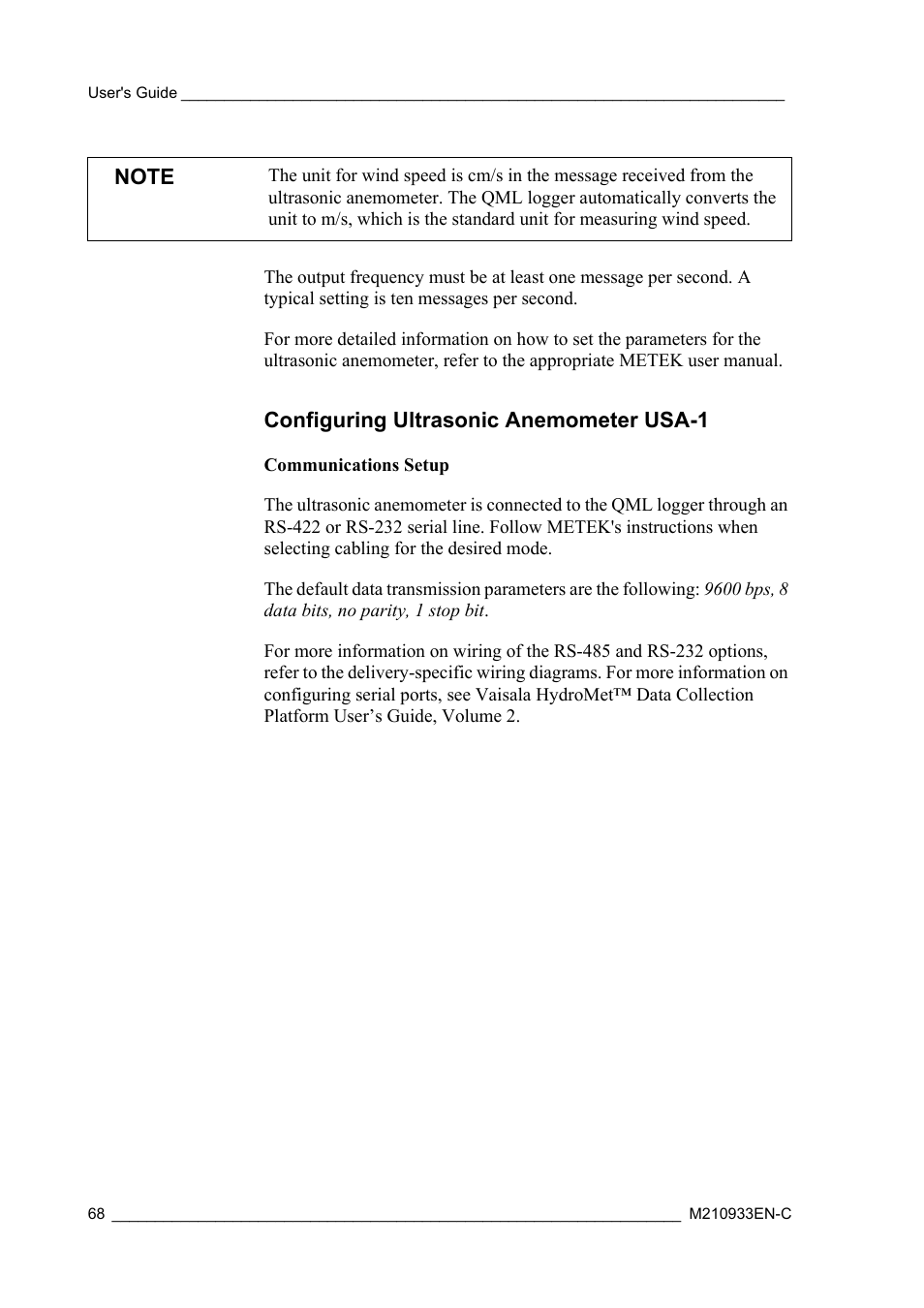 Configuring ultrasonic anemometer usa-1 | Vaisala Hydromet Data Collection Platform User Manual | Page 70 / 384