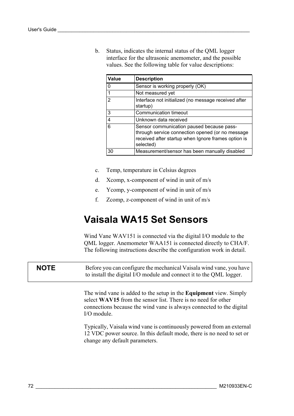 Vaisala wa15 set sensors | Vaisala Hydromet Data Collection Platform User Manual | Page 74 / 384