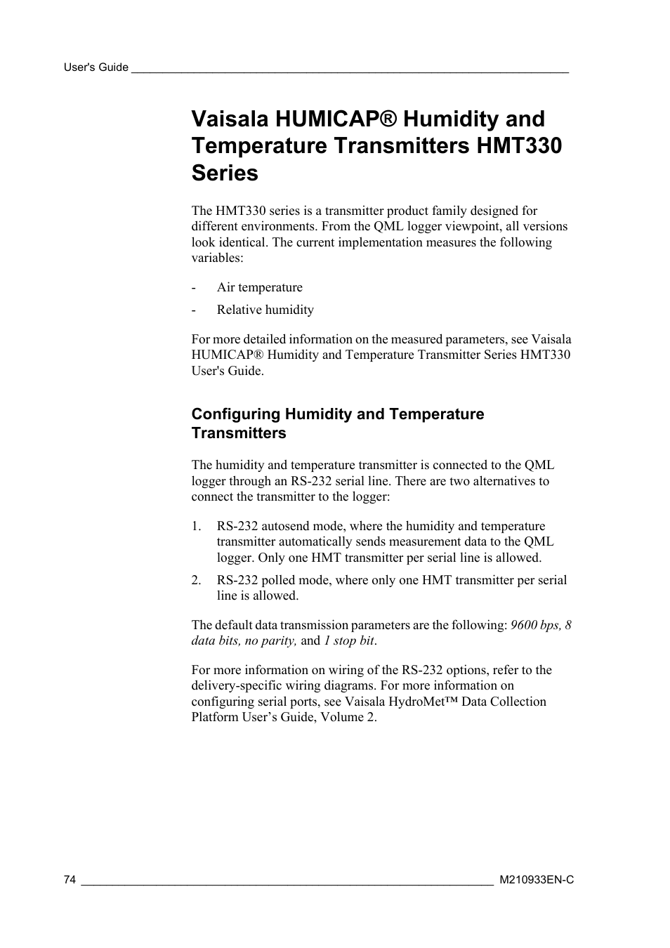Configuring humidity and temperature transmitters | Vaisala Hydromet Data Collection Platform User Manual | Page 76 / 384