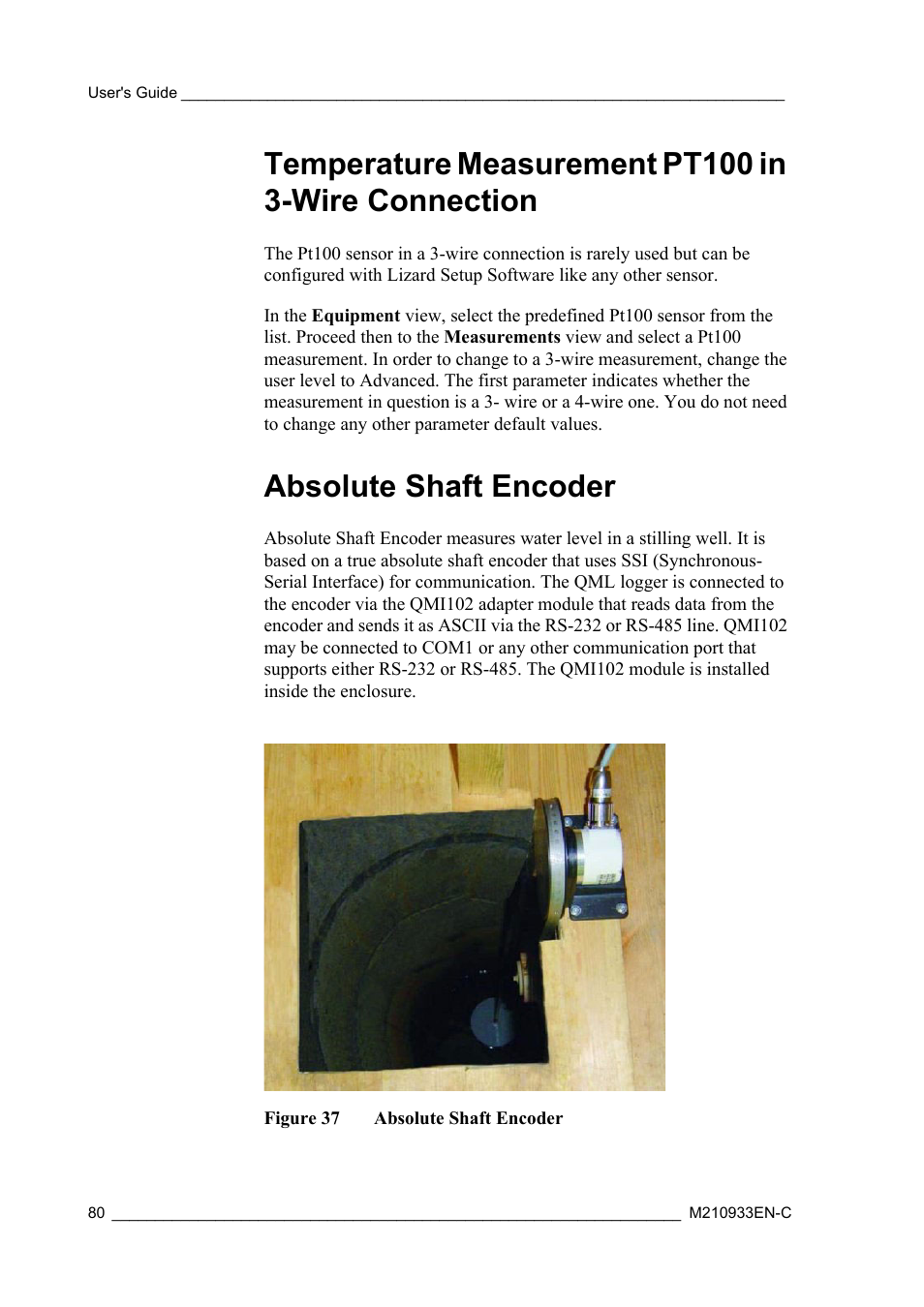 Temperature measurement pt100 in 3-wire connection, Absolute shaft encoder, Figure 37 | Vaisala Hydromet Data Collection Platform User Manual | Page 82 / 384