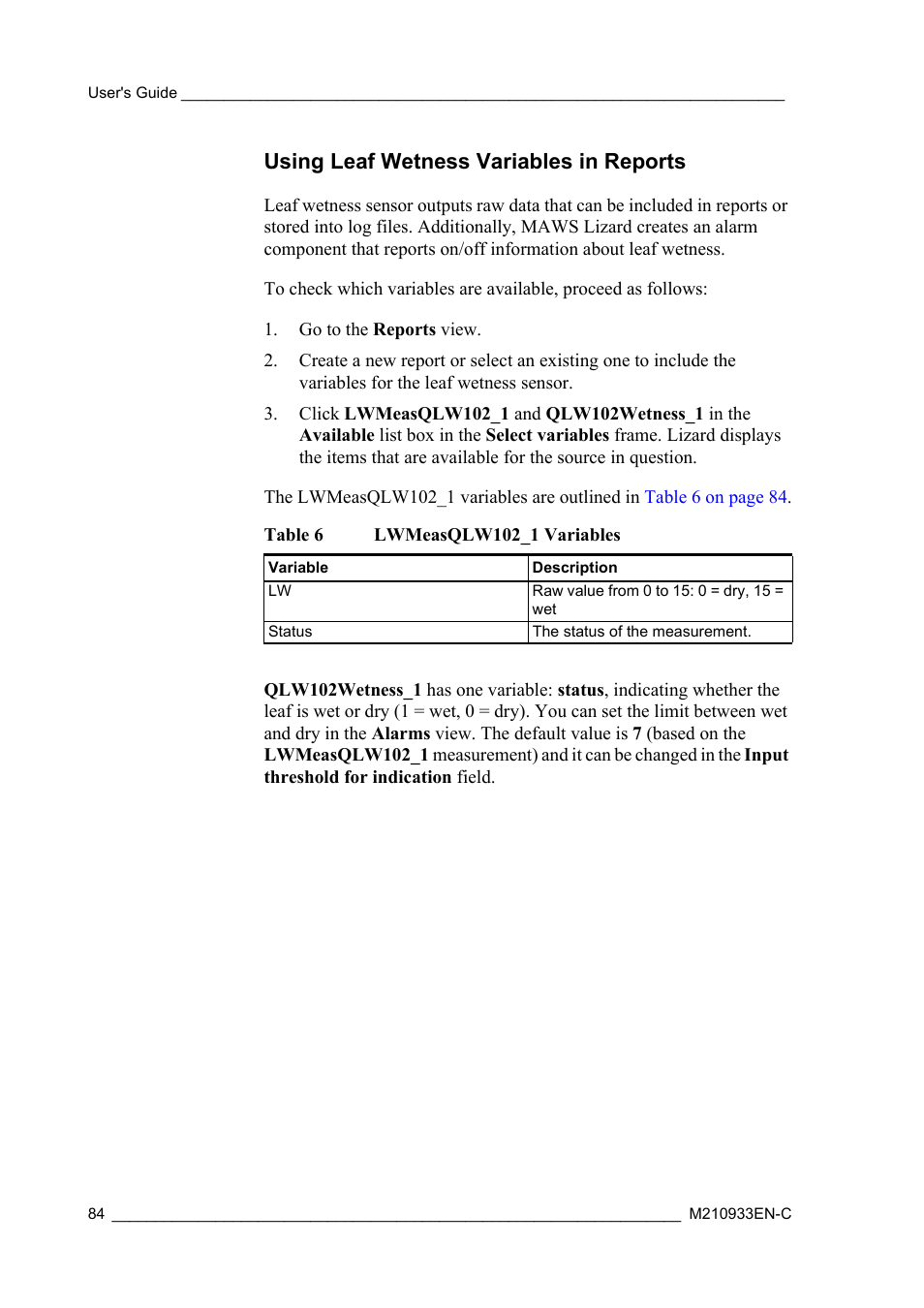 Using leaf wetness variables in reports, Table 6, Lwmeasqlw102_1 variables | Vaisala Hydromet Data Collection Platform User Manual | Page 86 / 384