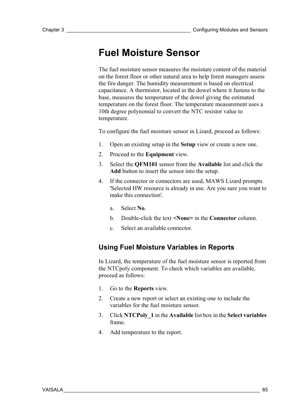 Fuel moisture sensor, Using fuel moisture variables in reports | Vaisala Hydromet Data Collection Platform User Manual | Page 87 / 384