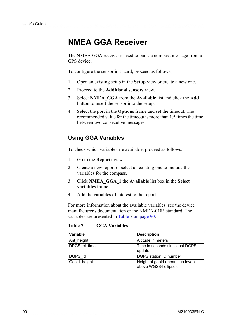 Nmea gga receiver, Using gga variables, Table 7 | Gga variables | Vaisala Hydromet Data Collection Platform User Manual | Page 92 / 384