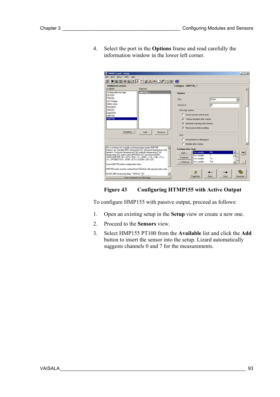 Figure 43, Configuring htmp155 with active output | Vaisala Hydromet Data Collection Platform User Manual | Page 95 / 384