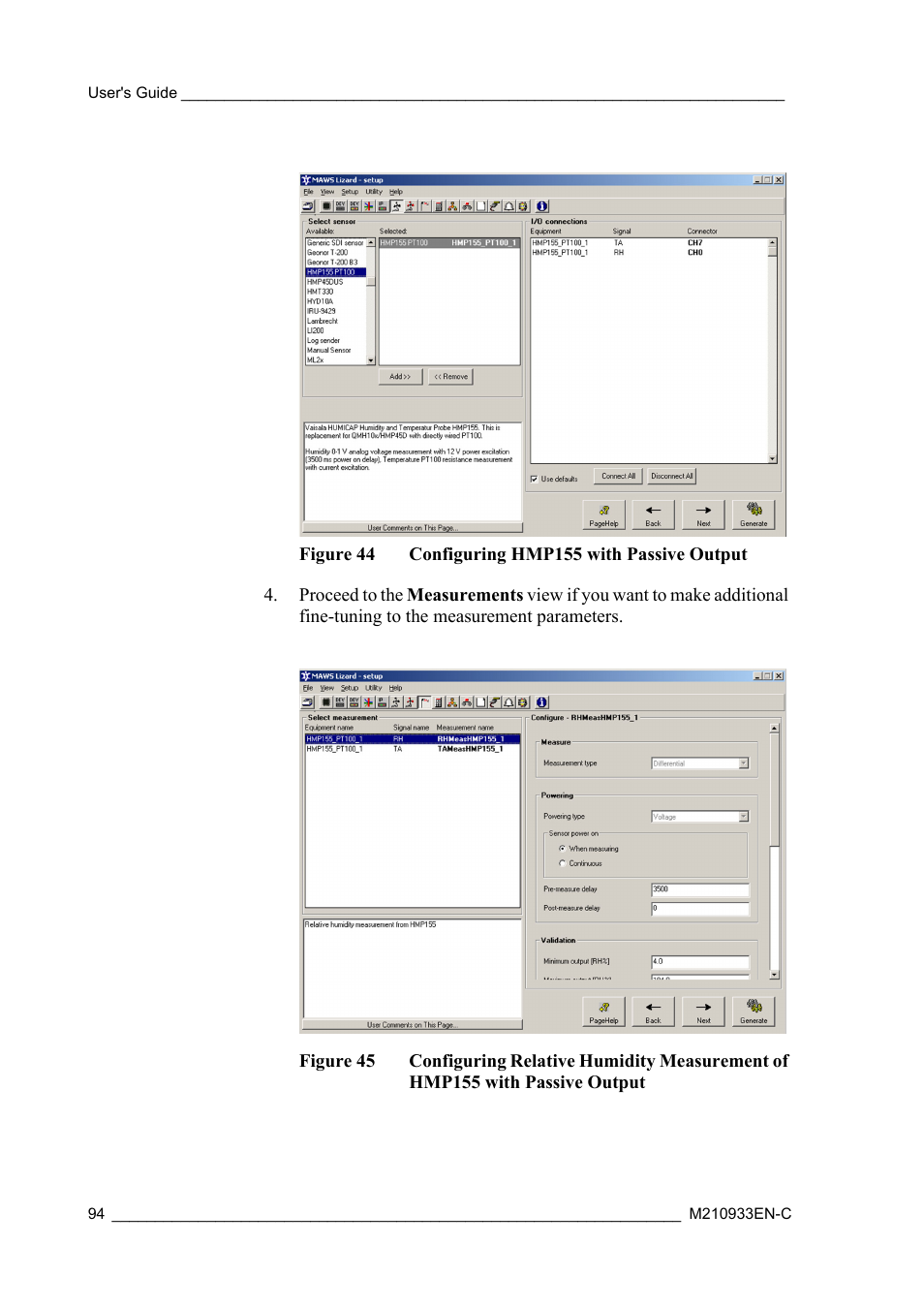 Figure 44, Configuring hmp155 with passive output, Figure 45 | Vaisala Hydromet Data Collection Platform User Manual | Page 96 / 384
