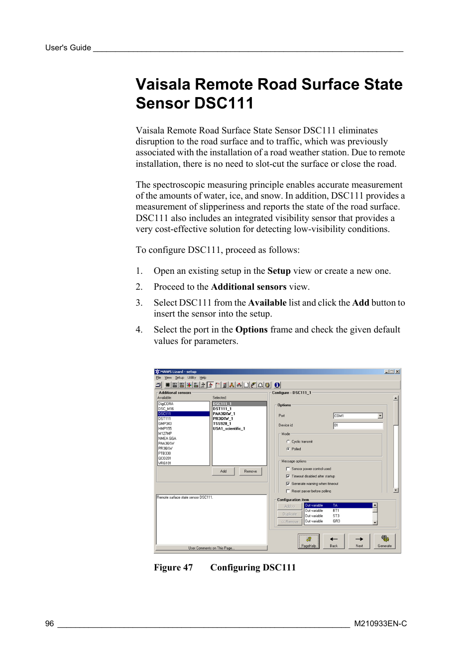 Vaisala remote road surface state sensor dsc111, Figure 47, Configuring dsc111 | Vaisala Hydromet Data Collection Platform User Manual | Page 98 / 384