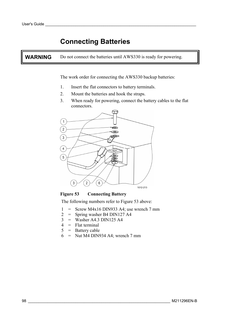Connecting batteries, Warning | Vaisala AWS330 User Manual | Page 100 / 296