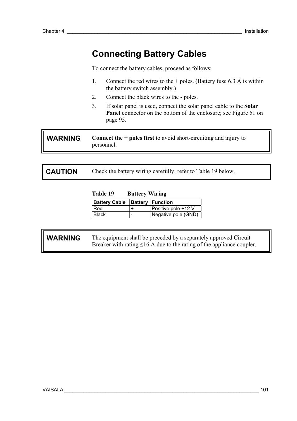 Connecting battery cables, Warning, Caution | Vaisala AWS330 User Manual | Page 103 / 296