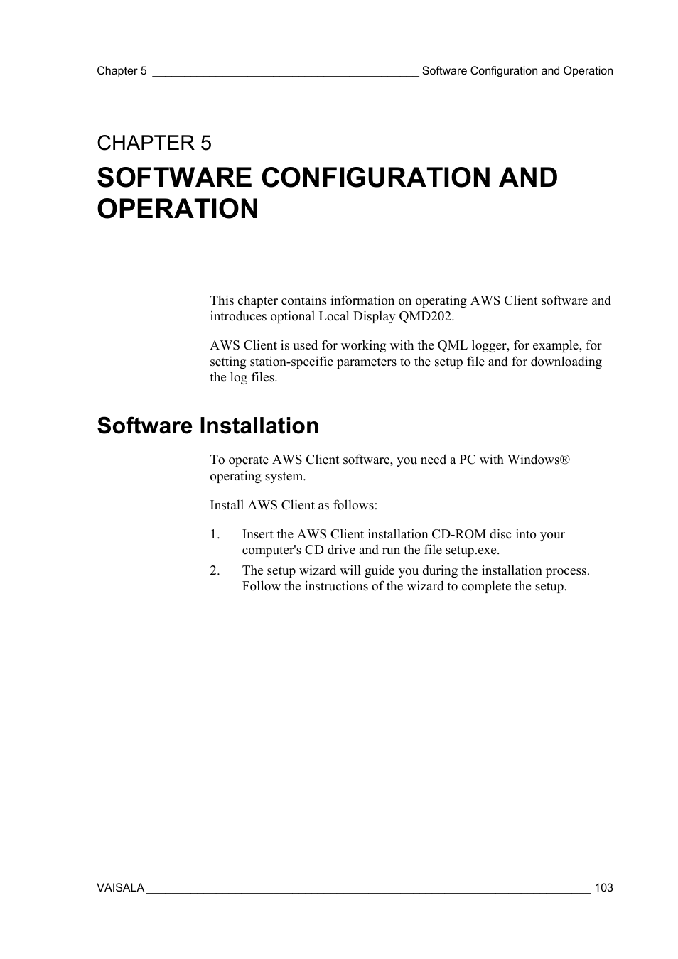 Software configuration and operation, Software installation, Chapter 5 | Vaisala AWS330 User Manual | Page 105 / 296