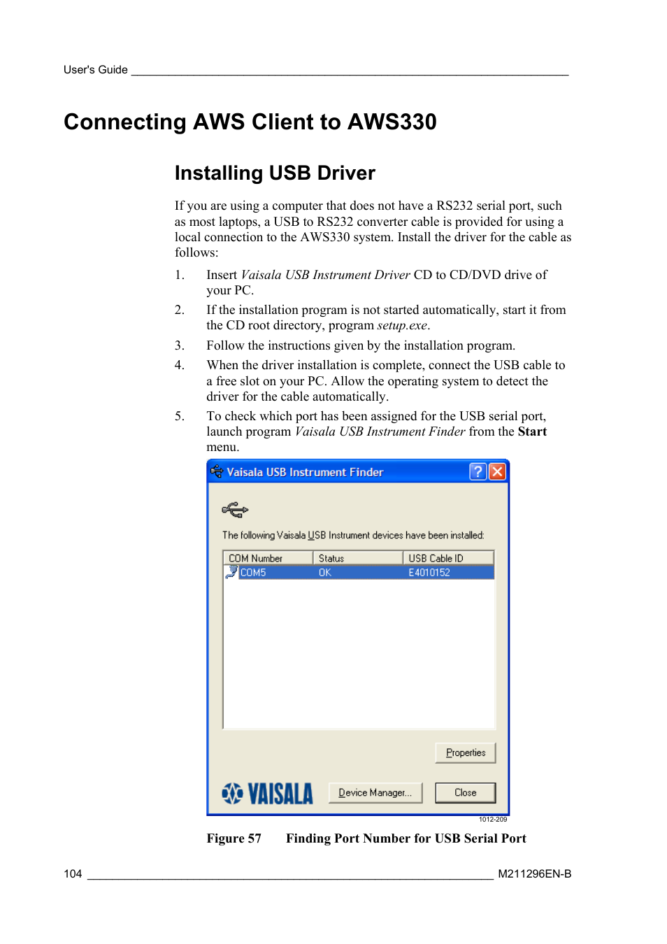 Connecting aws client to aws330, Installing usb driver | Vaisala AWS330 User Manual | Page 106 / 296