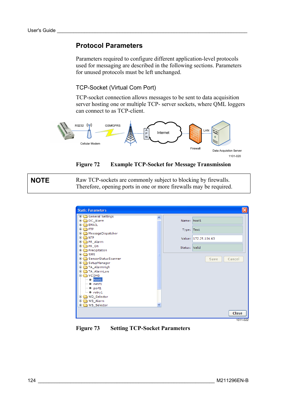 Protocol parameters, Tcp-socket (virtual com port) | Vaisala AWS330 User Manual | Page 126 / 296