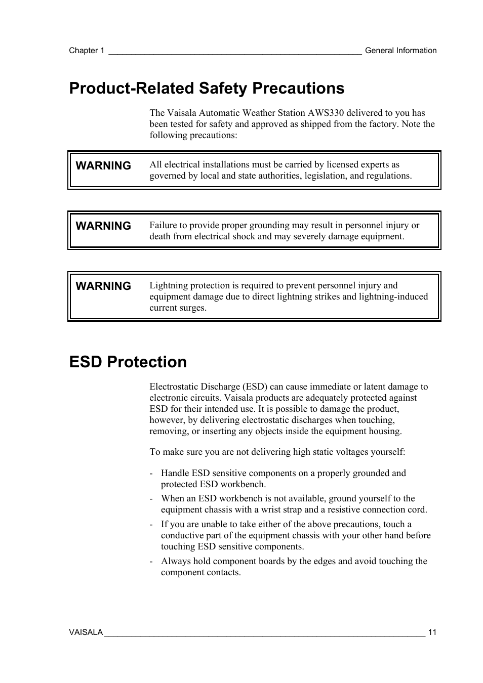 Product-related safety precautions, Esd protection | Vaisala AWS330 User Manual | Page 13 / 296