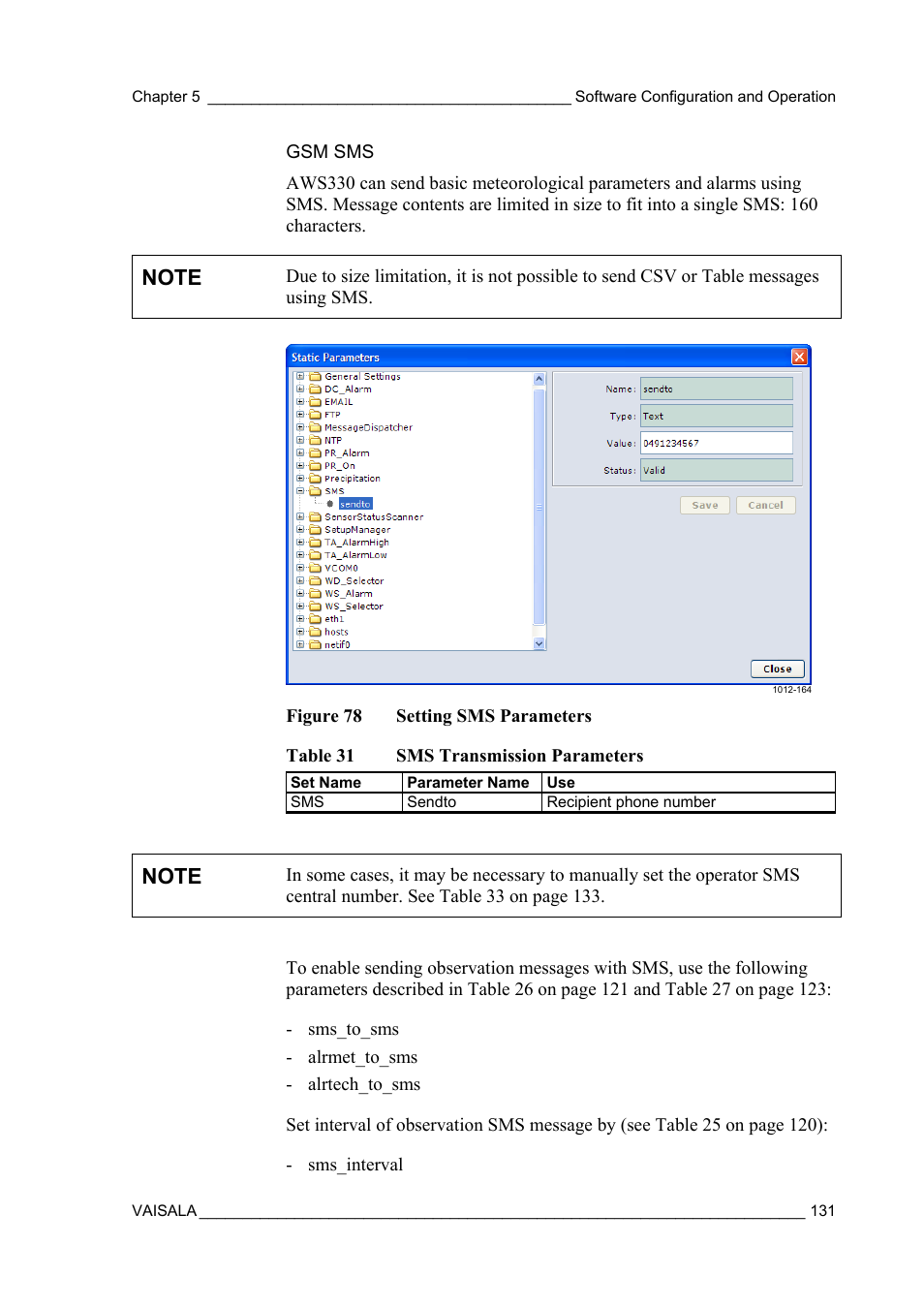 Gsm sms | Vaisala AWS330 User Manual | Page 133 / 296