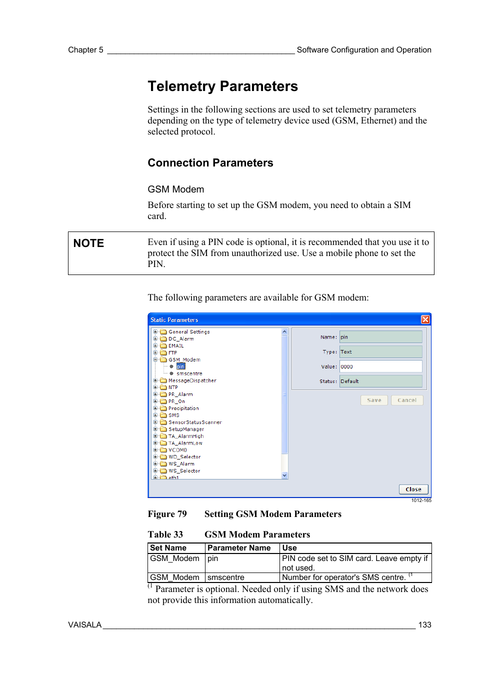 Telemetry parameters, Connection parameters, Gsm modem | 133 and | Vaisala AWS330 User Manual | Page 135 / 296
