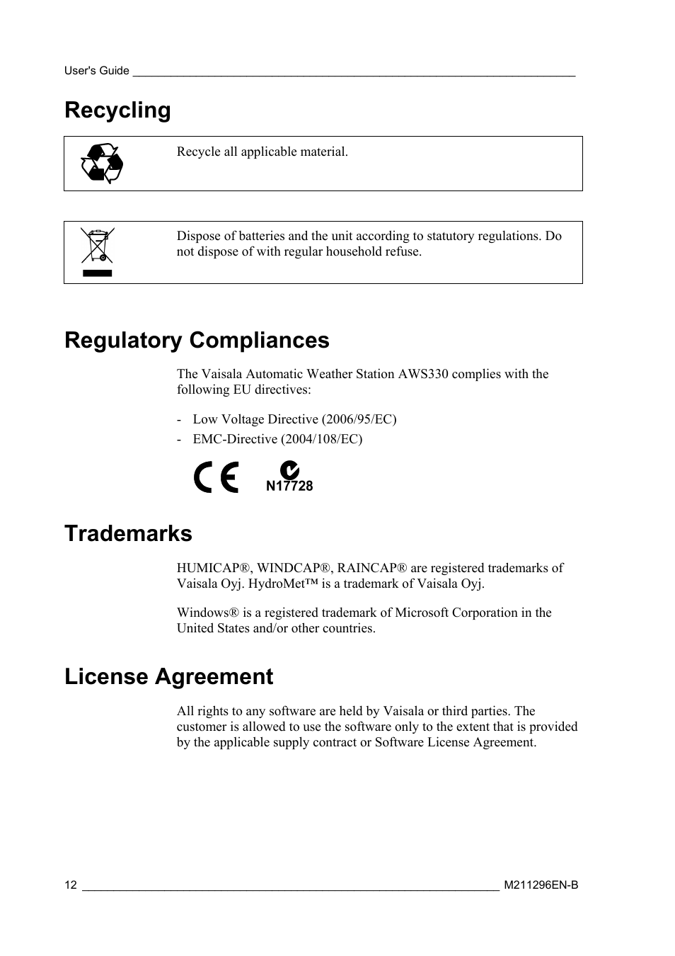 Recycling, Regulatory compliances, Trademarks | License agreement | Vaisala AWS330 User Manual | Page 14 / 296