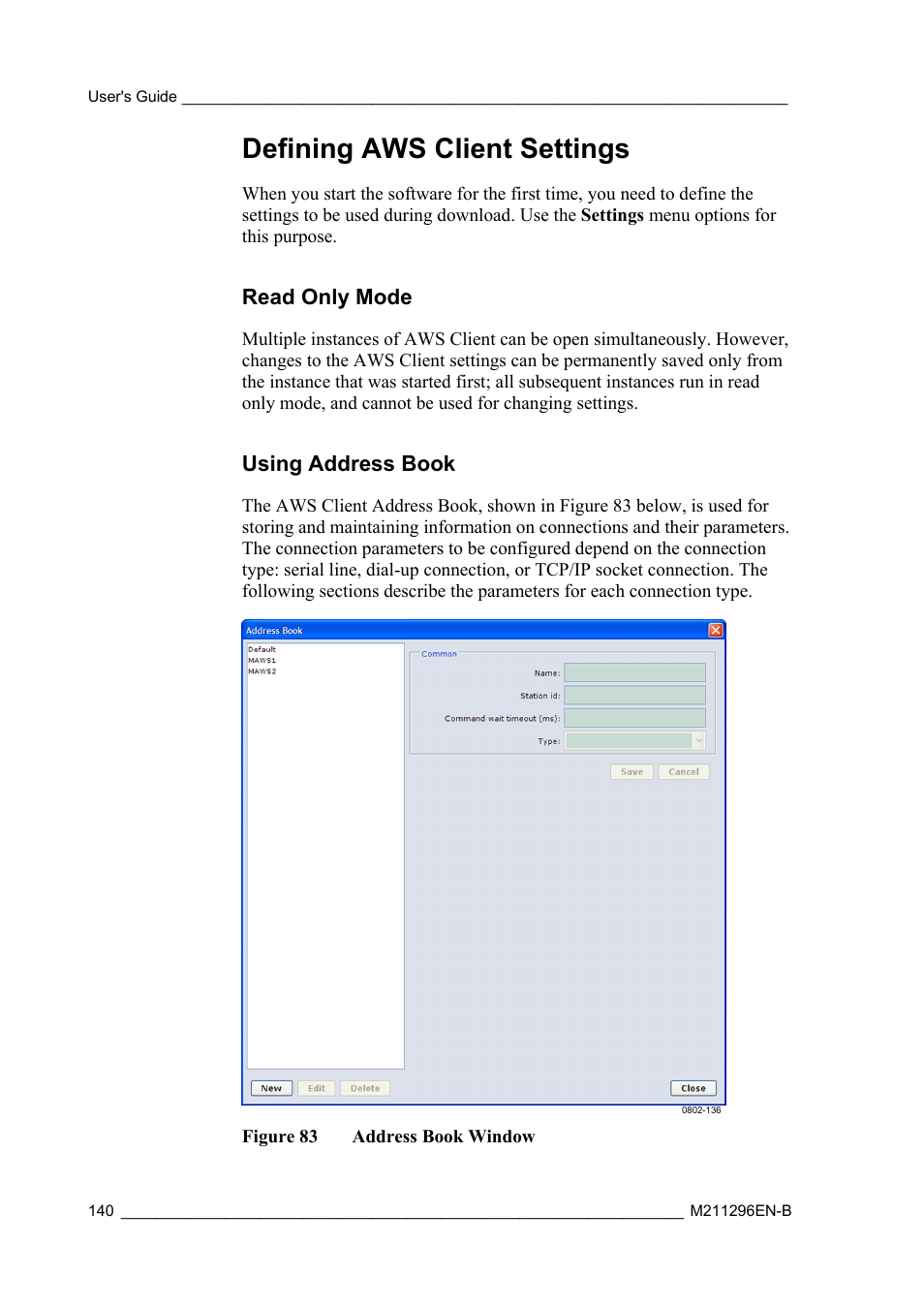 Defining aws client settings, Read only mode, Using address book | Vaisala AWS330 User Manual | Page 142 / 296