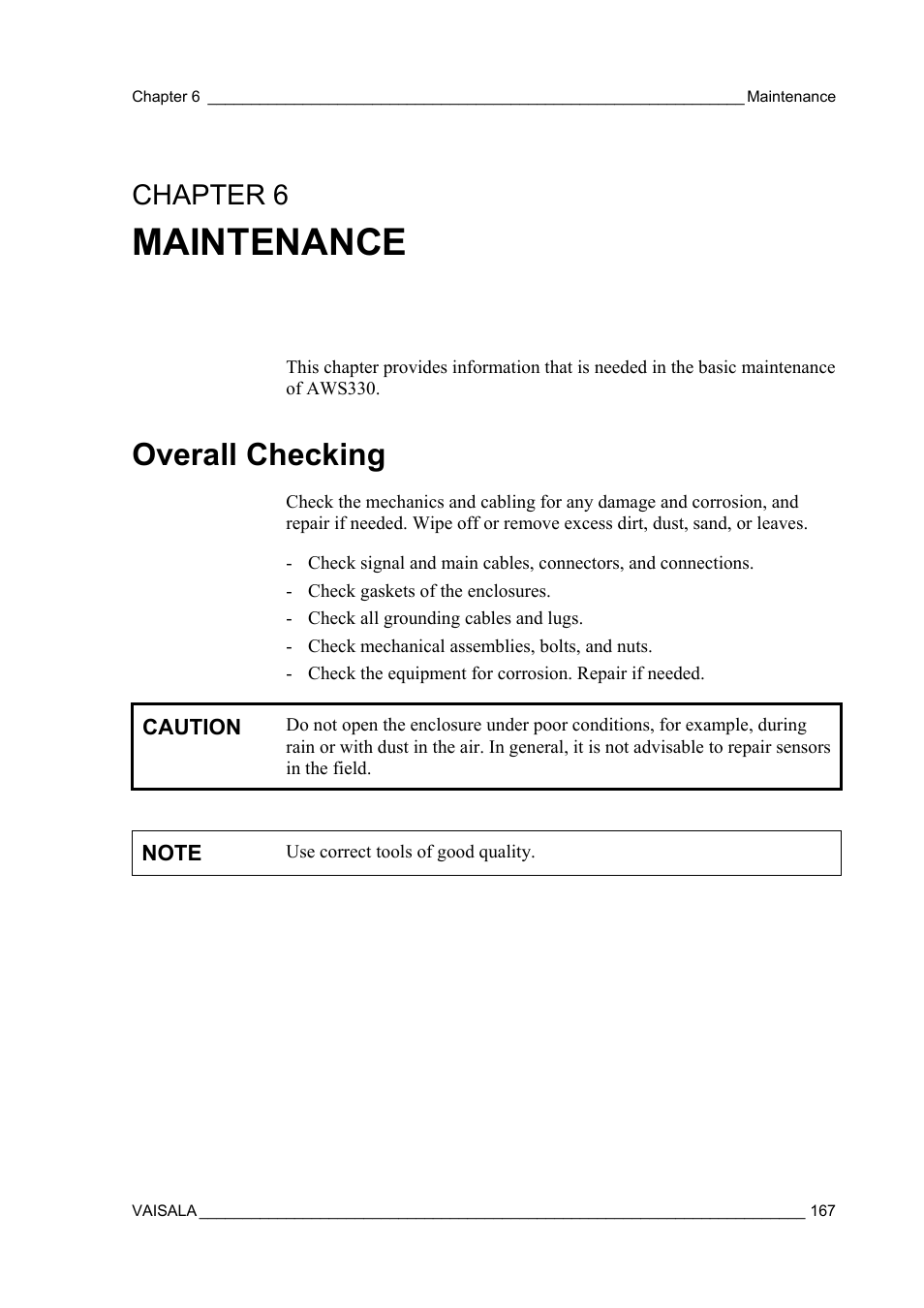 Maintenance, Overall checking, Basic maintenance of aws330 | Chapter 6 | Vaisala AWS330 User Manual | Page 169 / 296