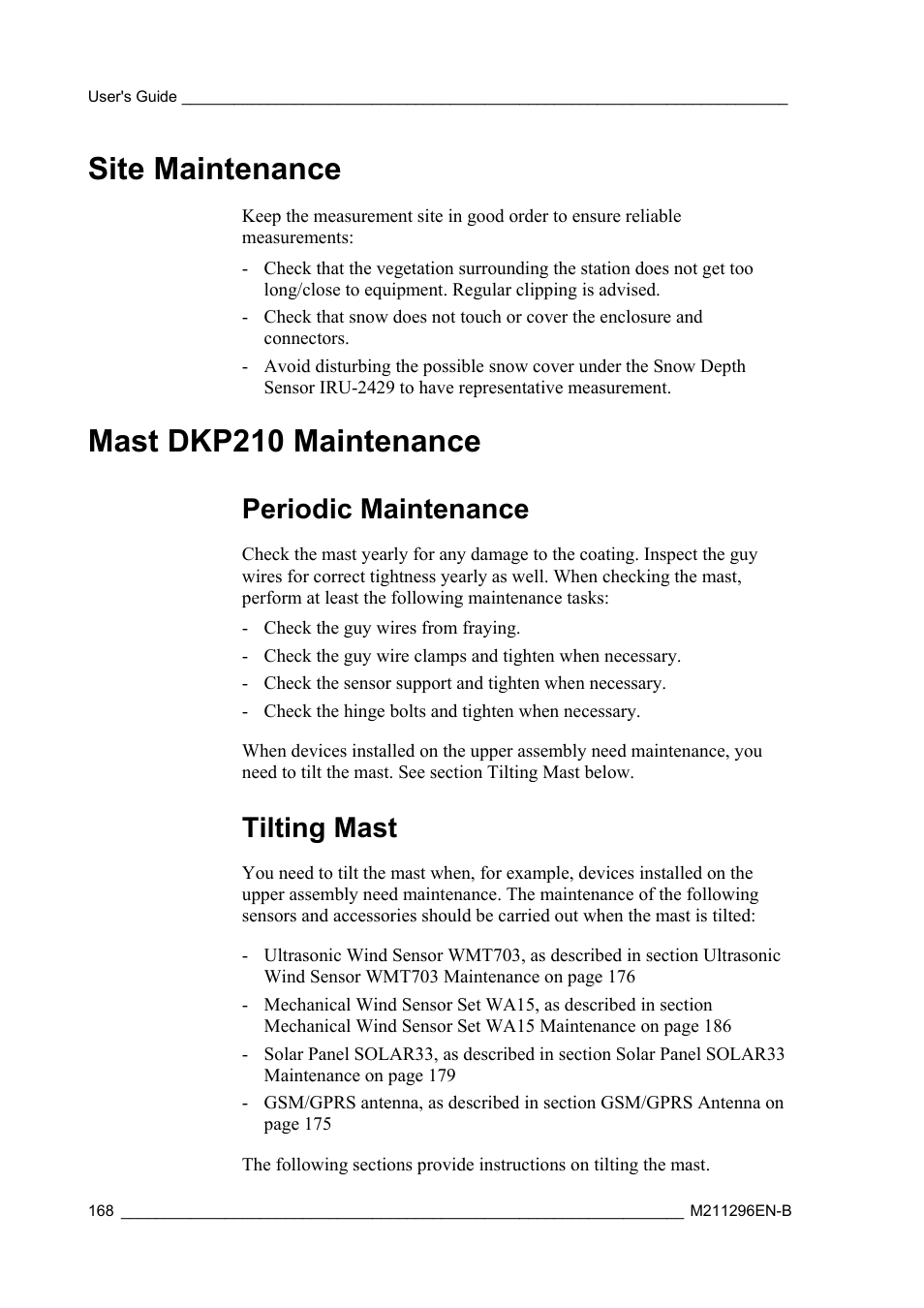 Site maintenance, Mast dkp210 maintenance, Periodic maintenance | Tilting mast | Vaisala AWS330 User Manual | Page 170 / 296
