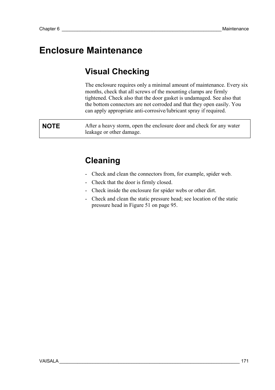 Enclosure maintenance, Visual checking, Cleaning | Vaisala AWS330 User Manual | Page 173 / 296