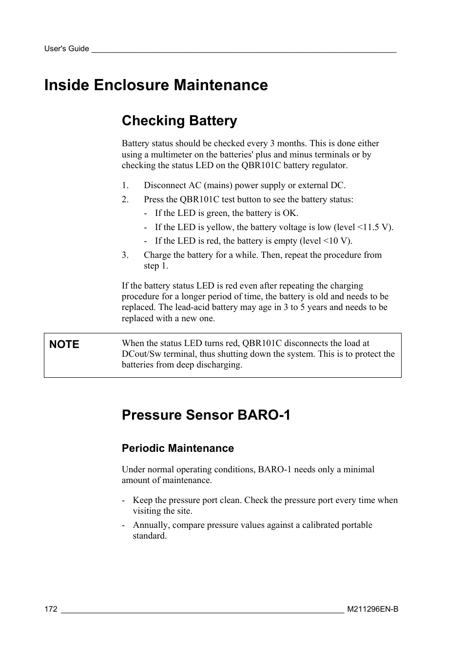 Inside enclosure maintenance, Checking battery, Pressure sensor baro-1 | Periodic maintenance | Vaisala AWS330 User Manual | Page 174 / 296