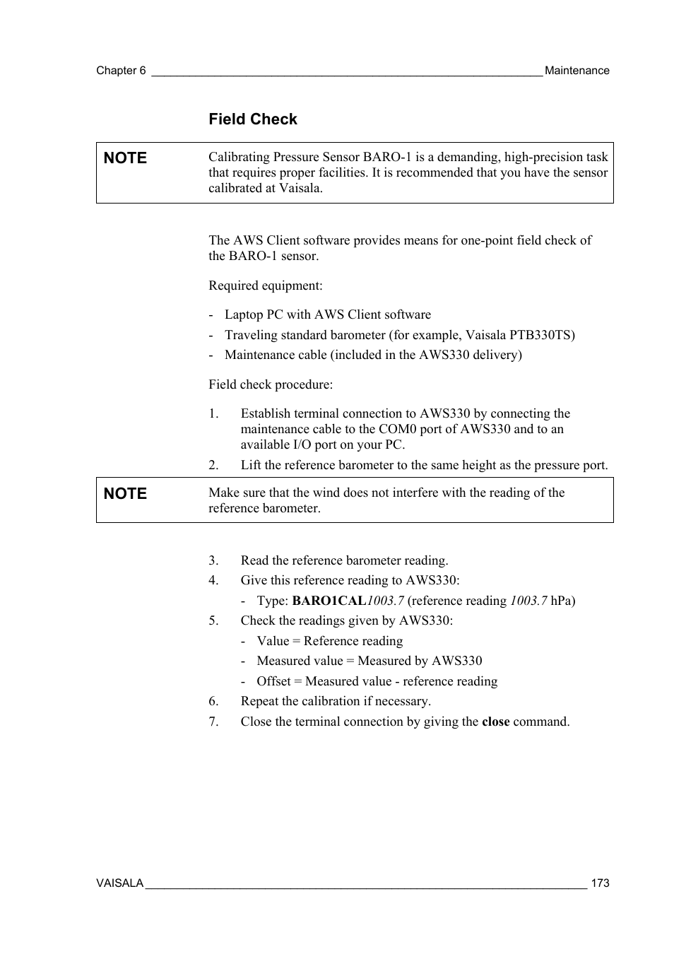 Field check | Vaisala AWS330 User Manual | Page 175 / 296