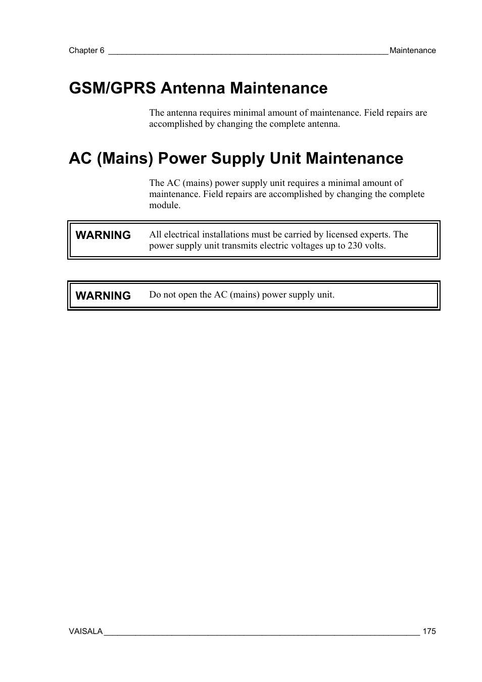 Gsm/gprs antenna maintenance, Ac (mains) power supply unit maintenance, Gsm/gprs antenna on | Vaisala AWS330 User Manual | Page 177 / 296
