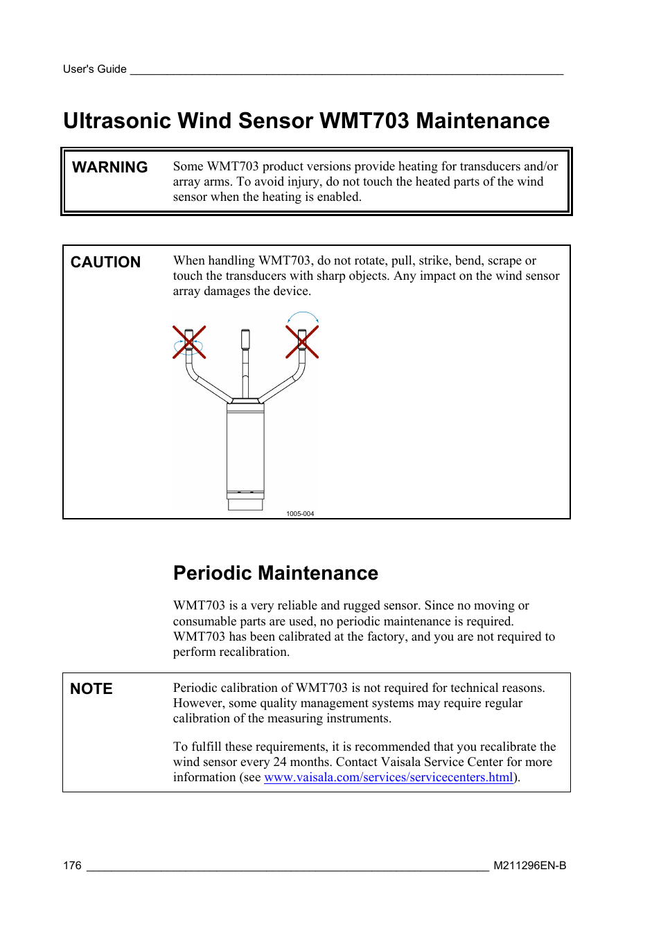Ultrasonic wind sensor wmt703 maintenance, Periodic maintenance, 703, as described in section ultrasonic | Vaisala AWS330 User Manual | Page 178 / 296