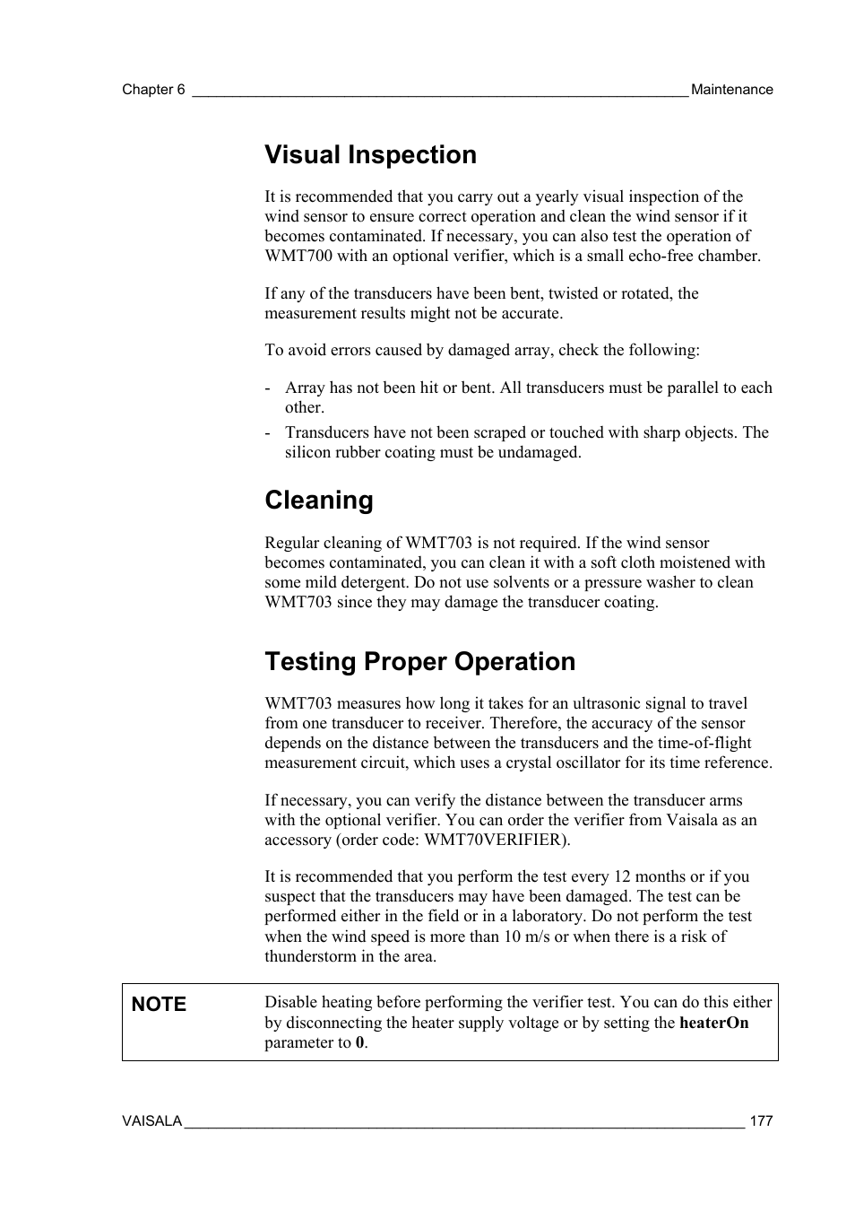 Visual inspection, Cleaning, Testing proper operation | Vaisala AWS330 User Manual | Page 179 / 296