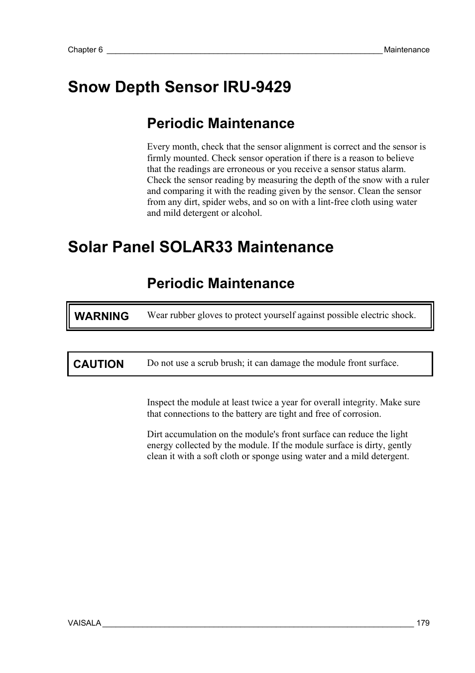 Snow depth sensor iru-9429, Periodic maintenance, Solar panel solar33 maintenance | Vaisala AWS330 User Manual | Page 181 / 296