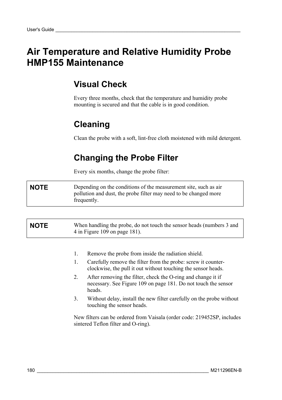 Visual check, Cleaning, Changing the probe filter | Vaisala AWS330 User Manual | Page 182 / 296