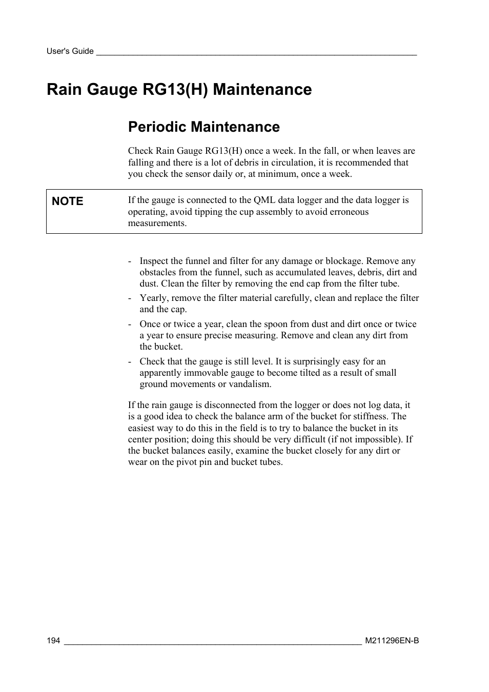 Rain gauge rg13(h) maintenance, Periodic maintenance | Vaisala AWS330 User Manual | Page 196 / 296