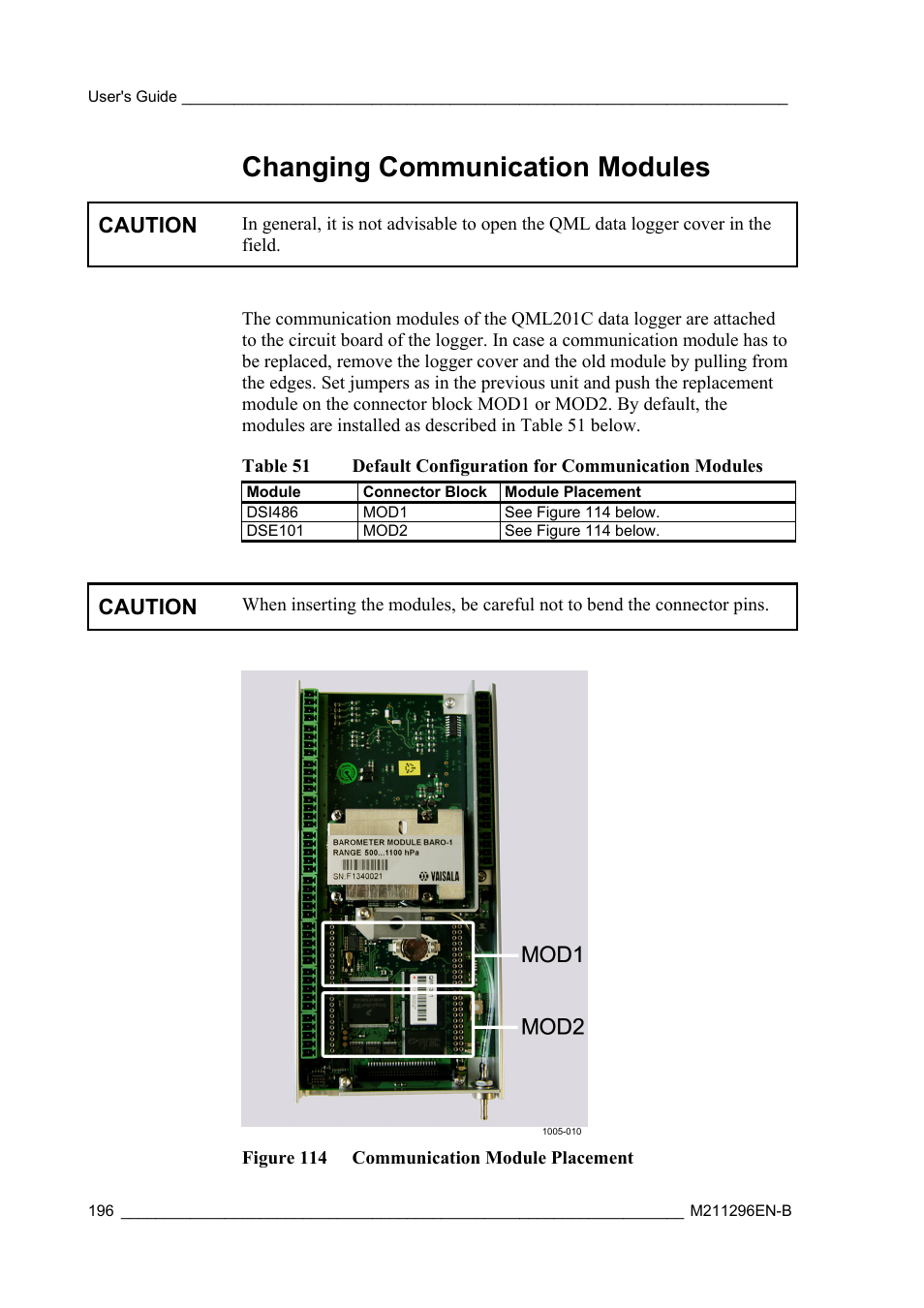 Changing communication modules, Caution | Vaisala AWS330 User Manual | Page 198 / 296
