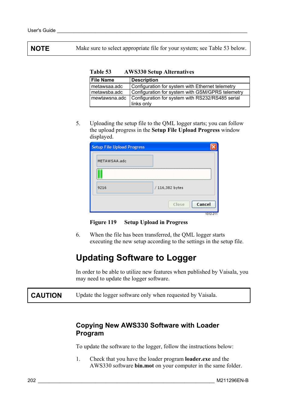 Updating software to logger, Copying new aws330 software with loader program, Caution | Vaisala AWS330 User Manual | Page 204 / 296