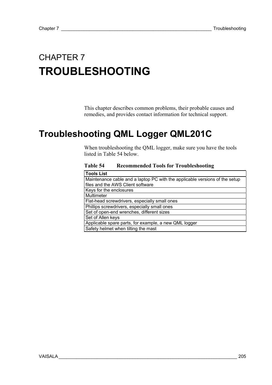 Troubleshooting, Troubleshooting qml logger qml201c, Chapter 7 | Vaisala AWS330 User Manual | Page 207 / 296