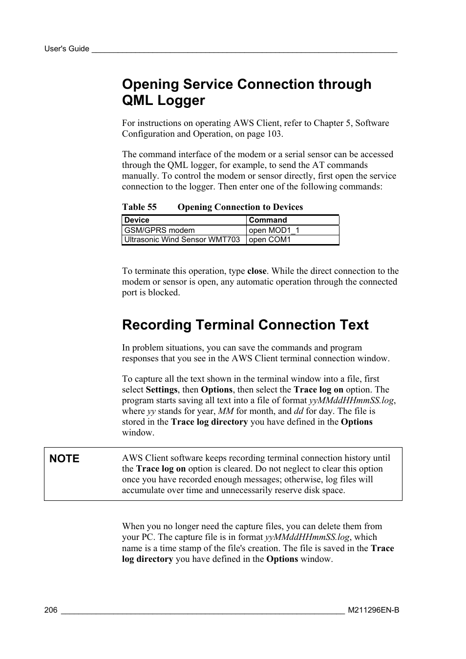 Opening service connection through qml logger, Recording terminal connection text | Vaisala AWS330 User Manual | Page 208 / 296