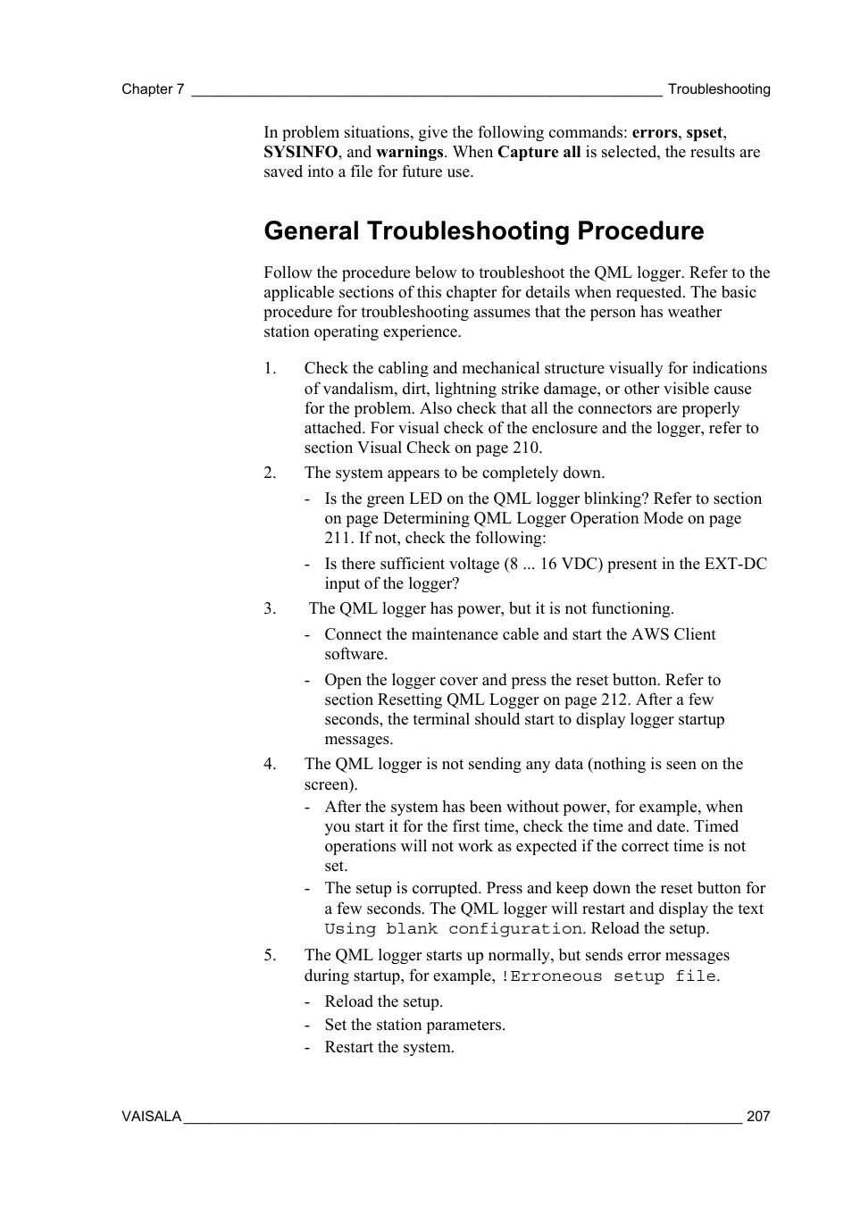 General troubleshooting procedure | Vaisala AWS330 User Manual | Page 209 / 296