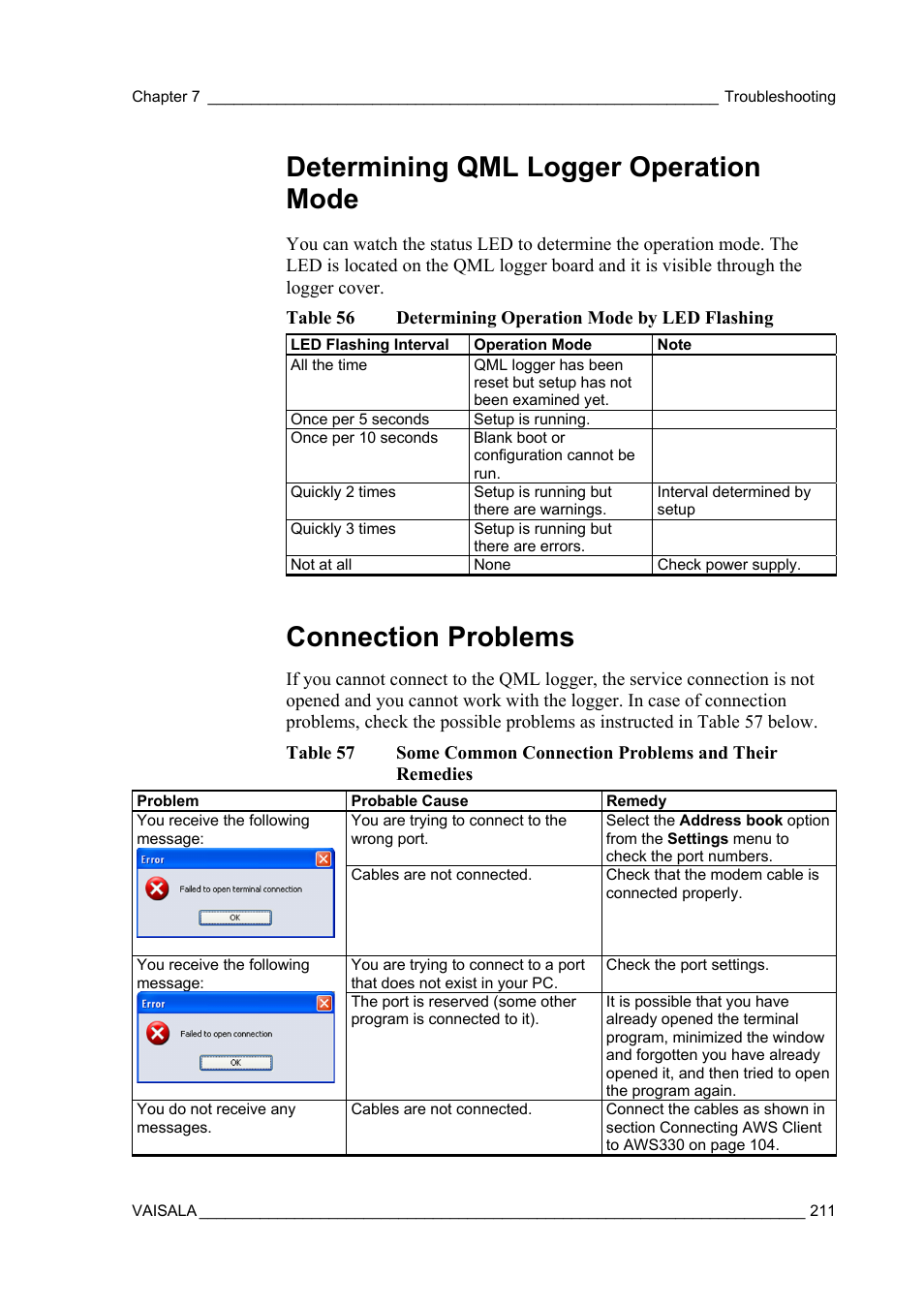 Determining qml logger operation mode, Connection problems | Vaisala AWS330 User Manual | Page 213 / 296