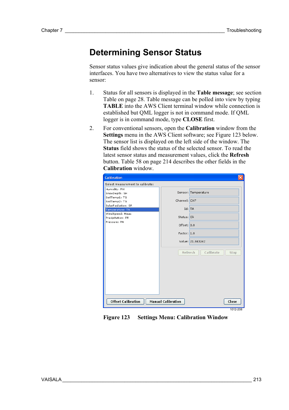 Determining sensor status | Vaisala AWS330 User Manual | Page 215 / 296
