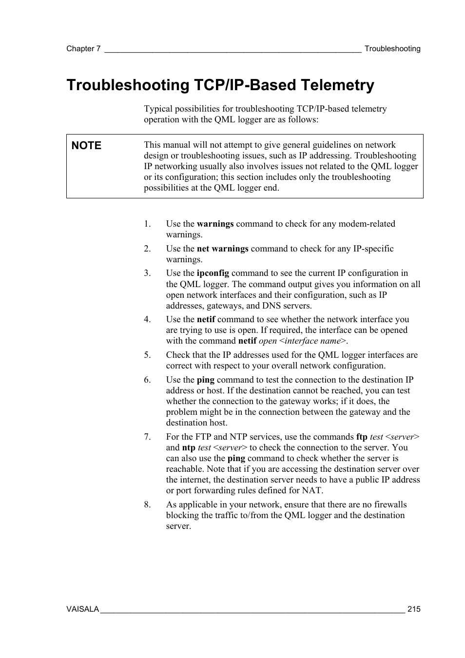 Troubleshooting tcp/ip-based telemetry, Troubleshooting tcp/ip-based telemetry on | Vaisala AWS330 User Manual | Page 217 / 296