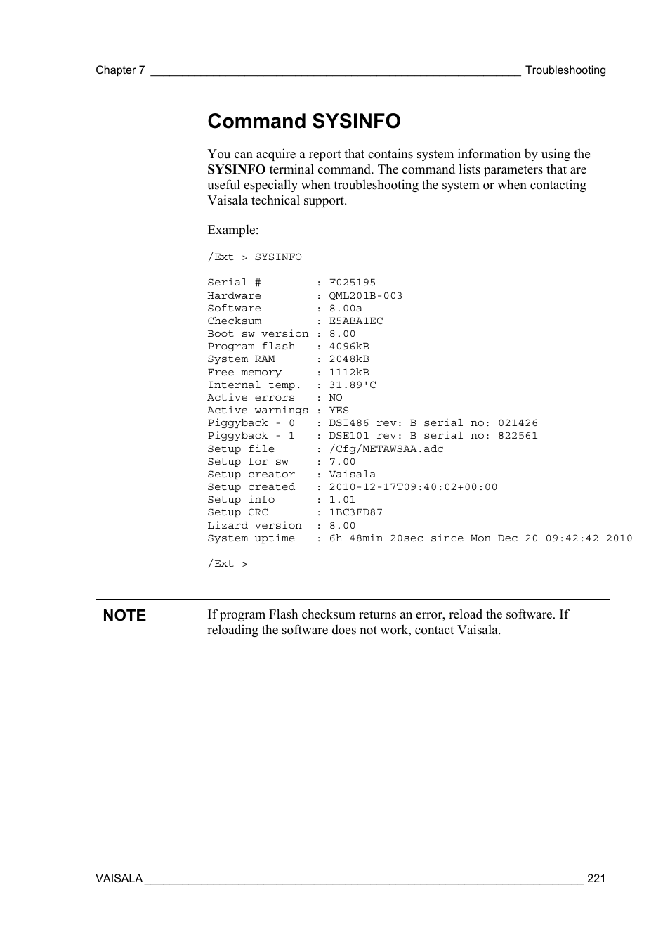 Command sysinfo | Vaisala AWS330 User Manual | Page 223 / 296