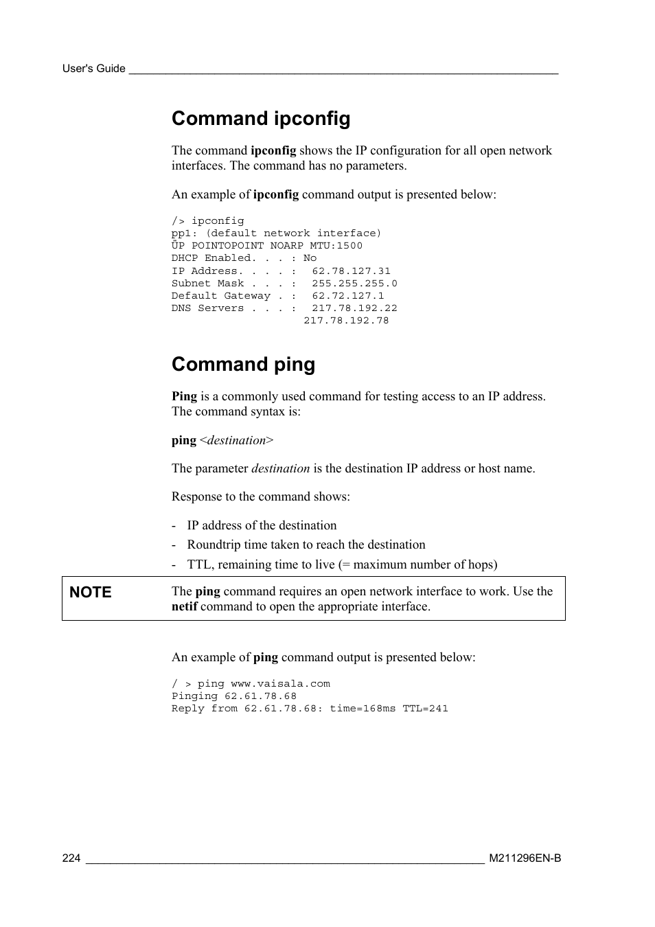 Command ipconfig, Command ping | Vaisala AWS330 User Manual | Page 226 / 296
