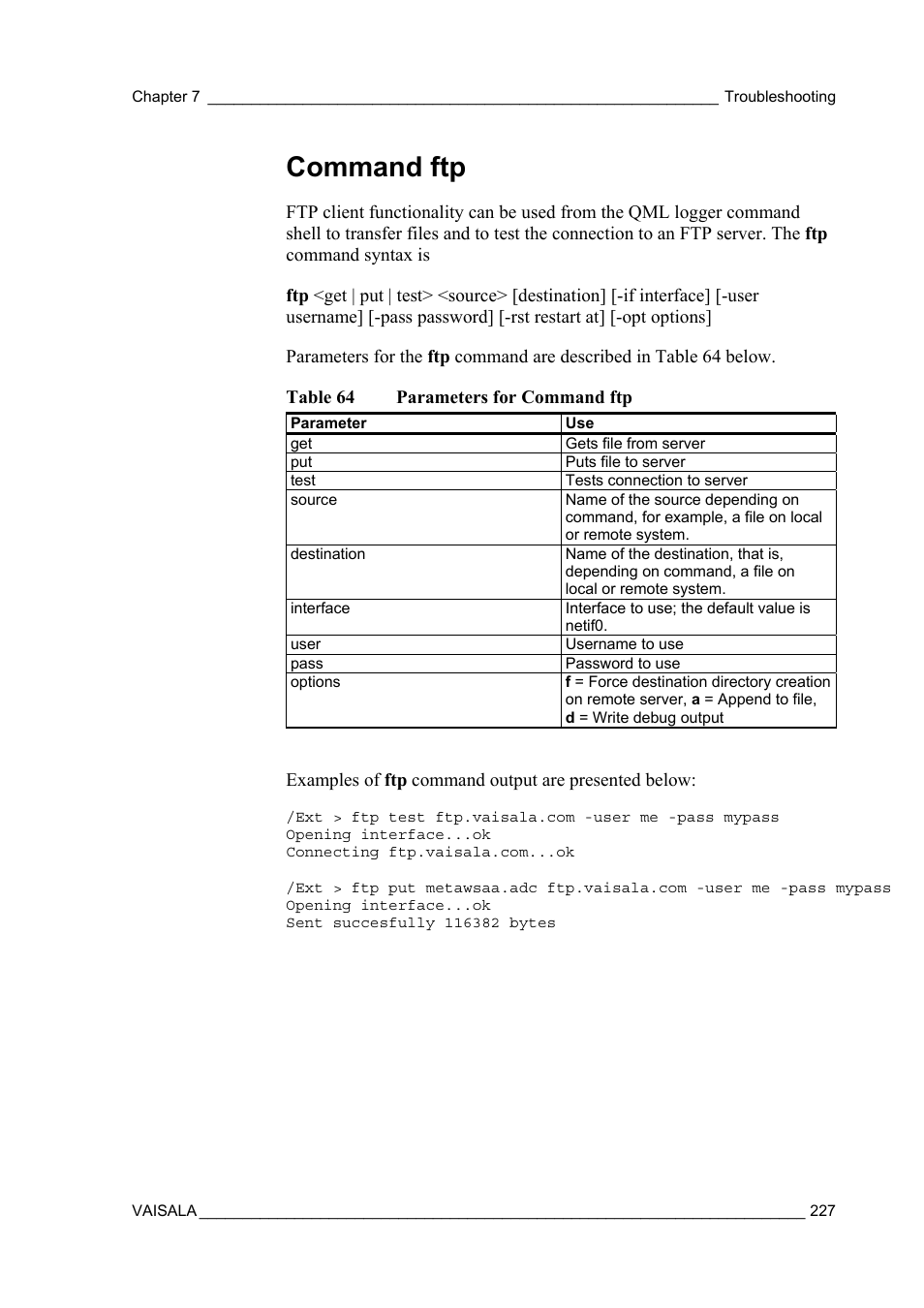 Command ftp | Vaisala AWS330 User Manual | Page 229 / 296